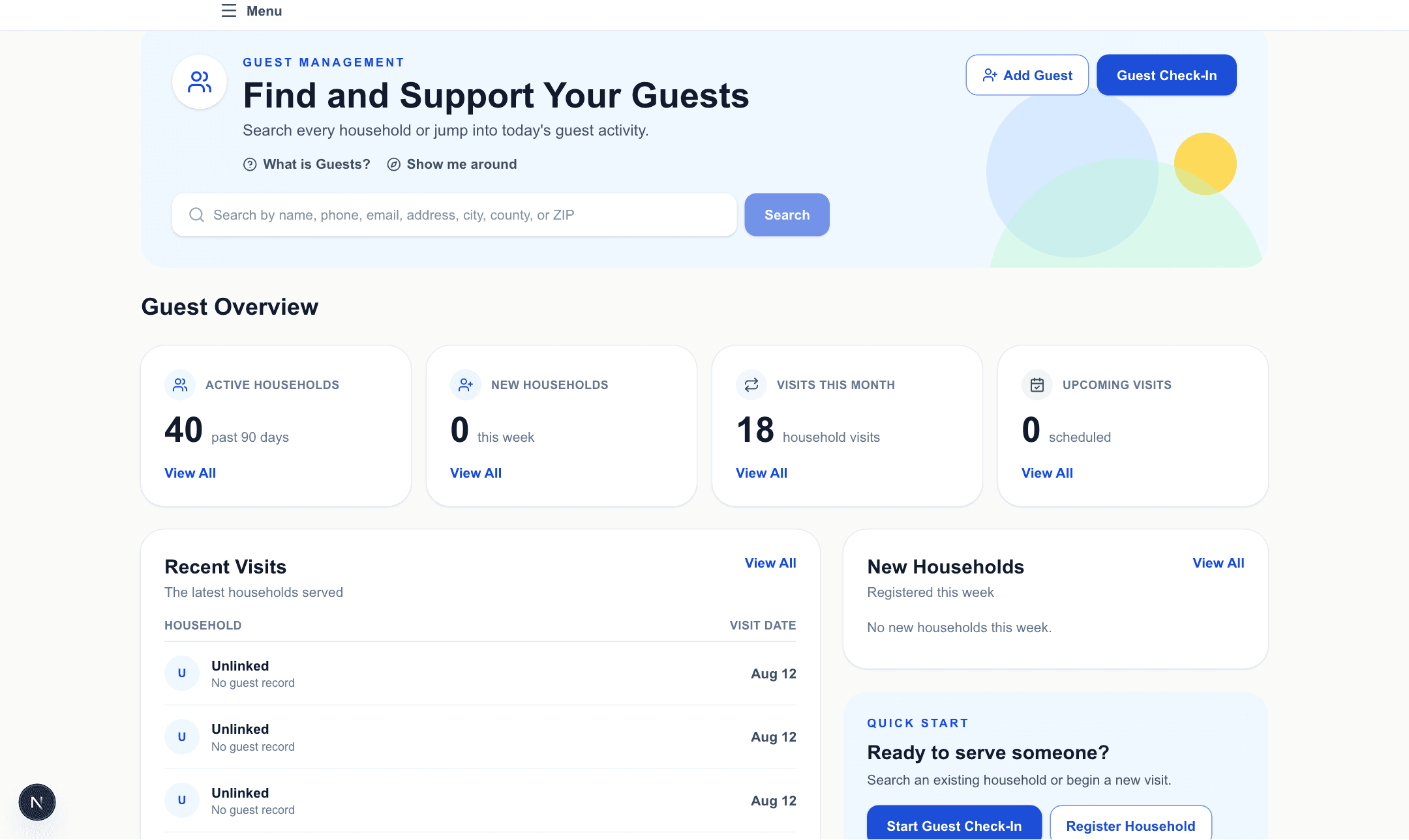The guest management screen: a search box over active households, with visits this month and the most recent households served.