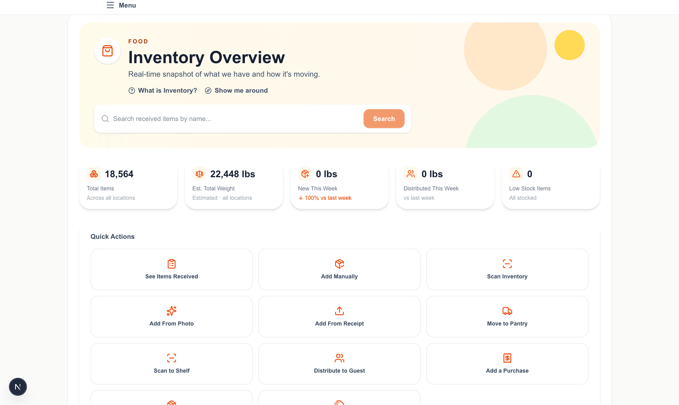 The inventory overview: total items and estimated weight across locations, with quick actions for scanning, photo receiving and moving stock.