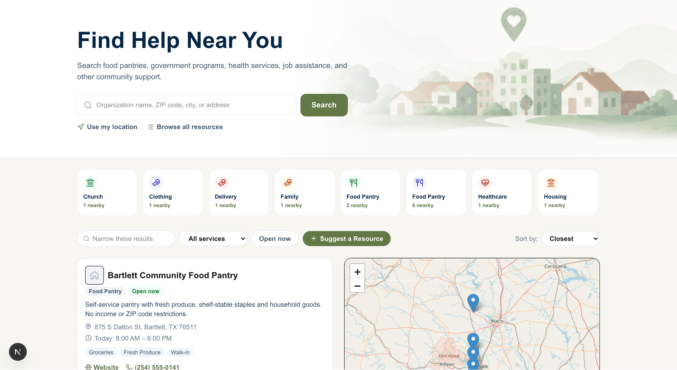 The public community resource directory: organizations a neighbor can search by need and location.