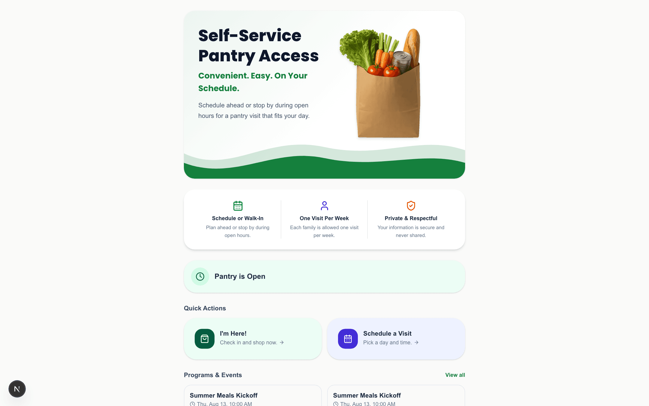 The guest-facing self-service page: schedule or walk in, the pantry's visit rule, current open hours, and buttons to check in or book a time.