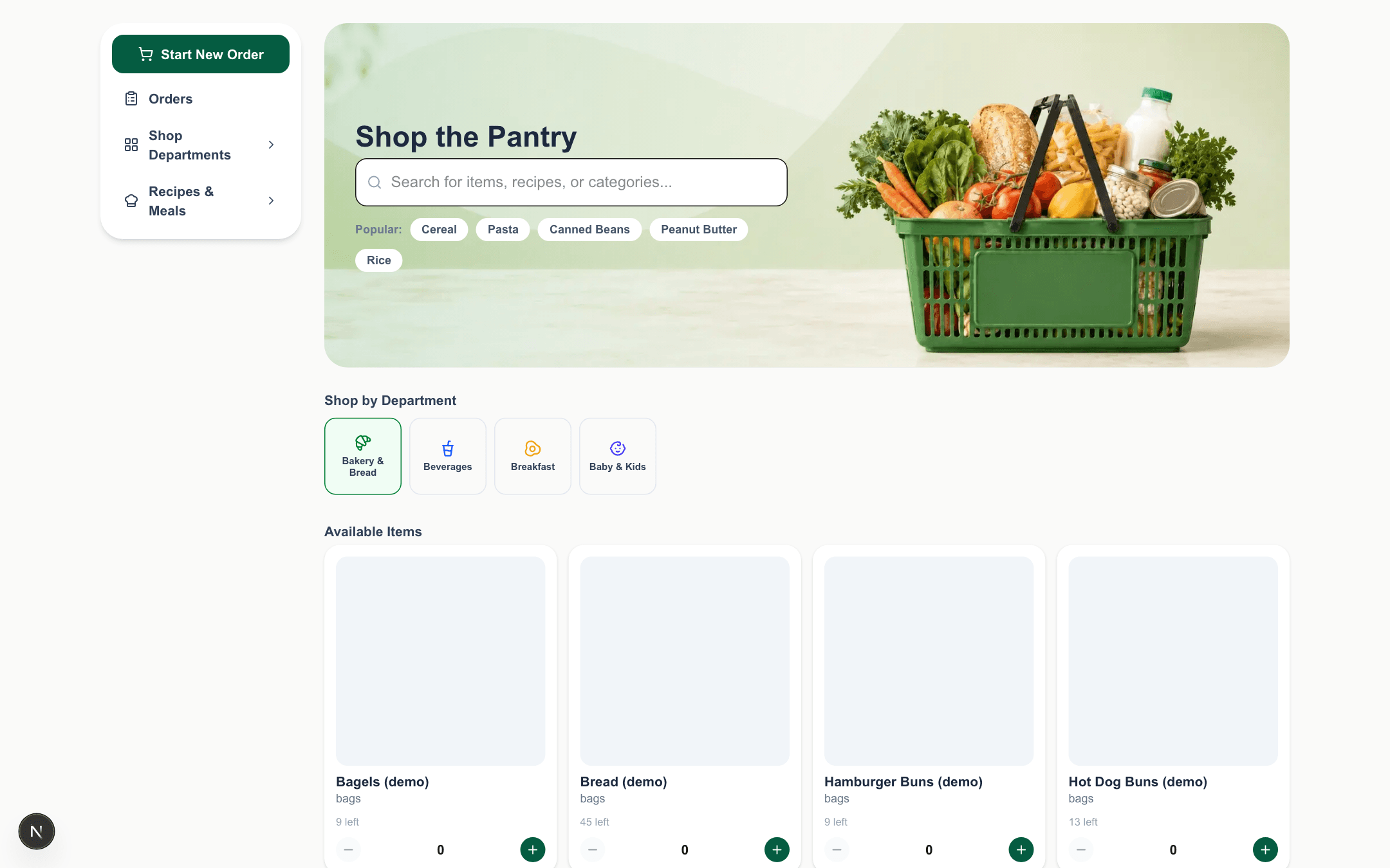 The guest storefront, showing the pantry's real stock as items a neighbor can browse and add to an order.