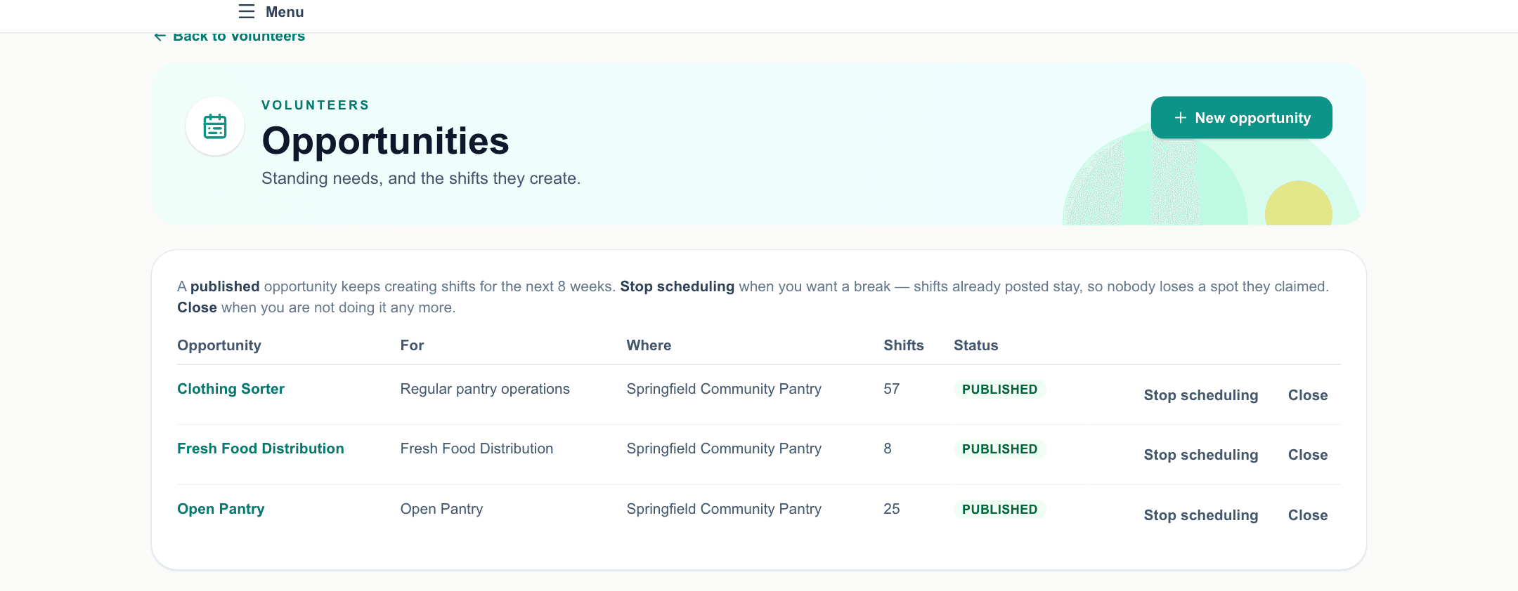 The volunteer opportunities screen, listing shifts a pantry has published for volunteers to claim.